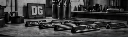 Mesa de taller con insignias de tablero y un cartel DG, imagen ilustrativa en blanco y negro