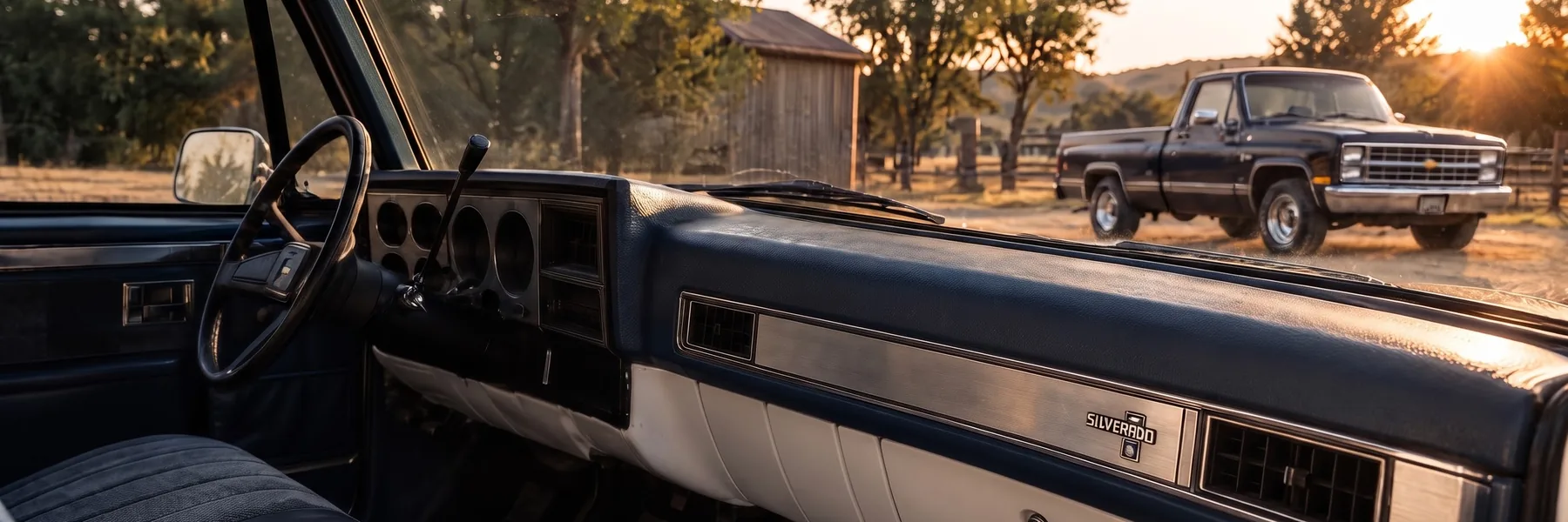 Interior de un Chevrolet clásico con una Silverado negra al fondo, al atardecer